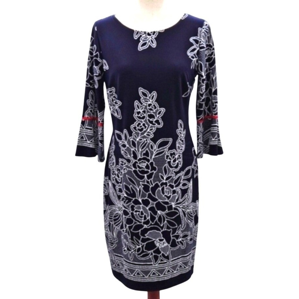 Enfocus Studio Navy Blue‎ White Floral Bell Sleeve Sheath Dress Size 8 13095